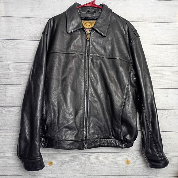 Marc‎ New York Andrew Marc Black Leather Bomber Jacket Men's Large Full Zip - Picture 1 of 16